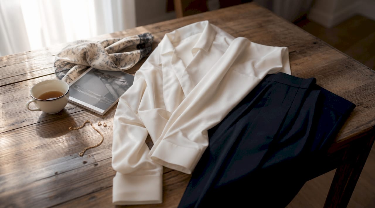 Flat-lay of styled silk blouse outfit and accessories
