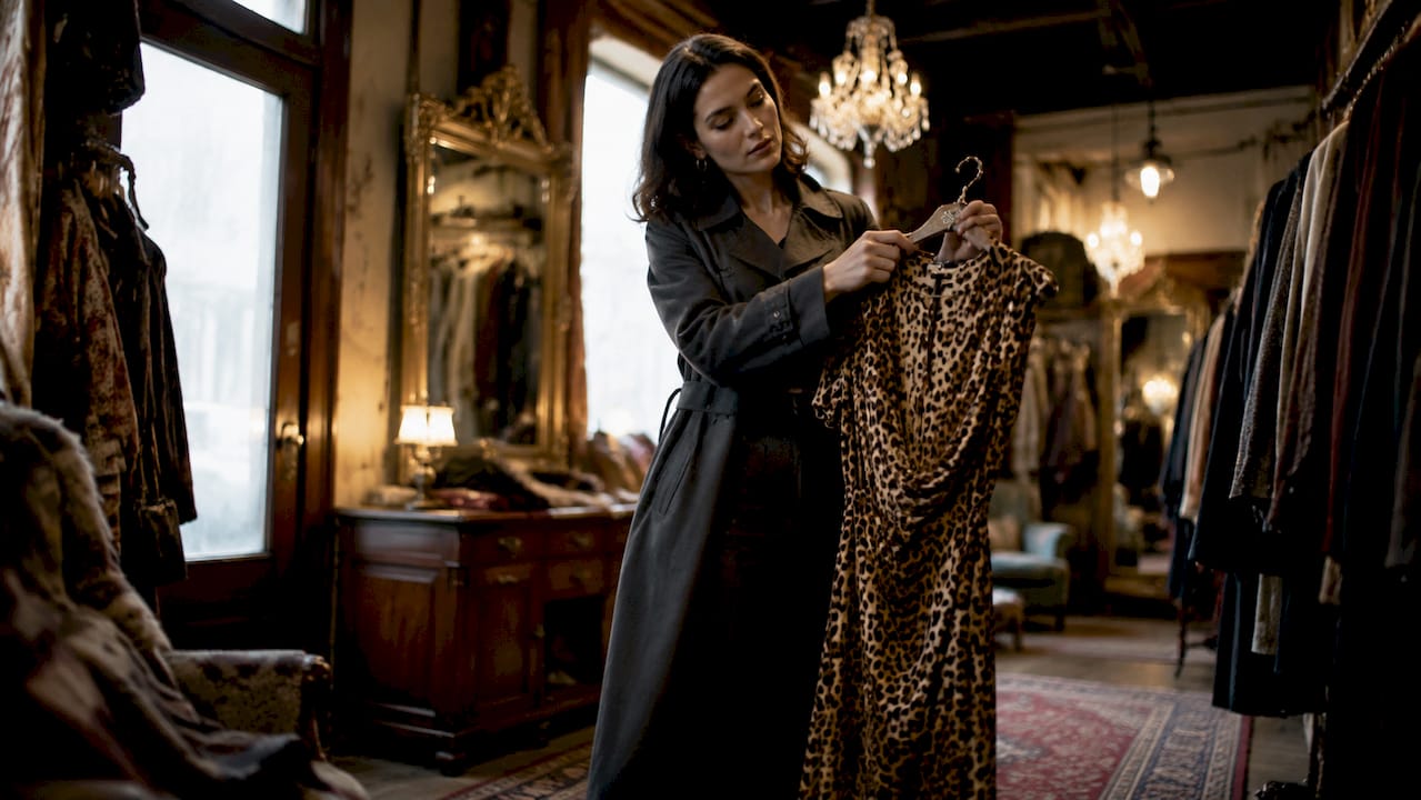 Woman shopping leopard print clothing in boutique
