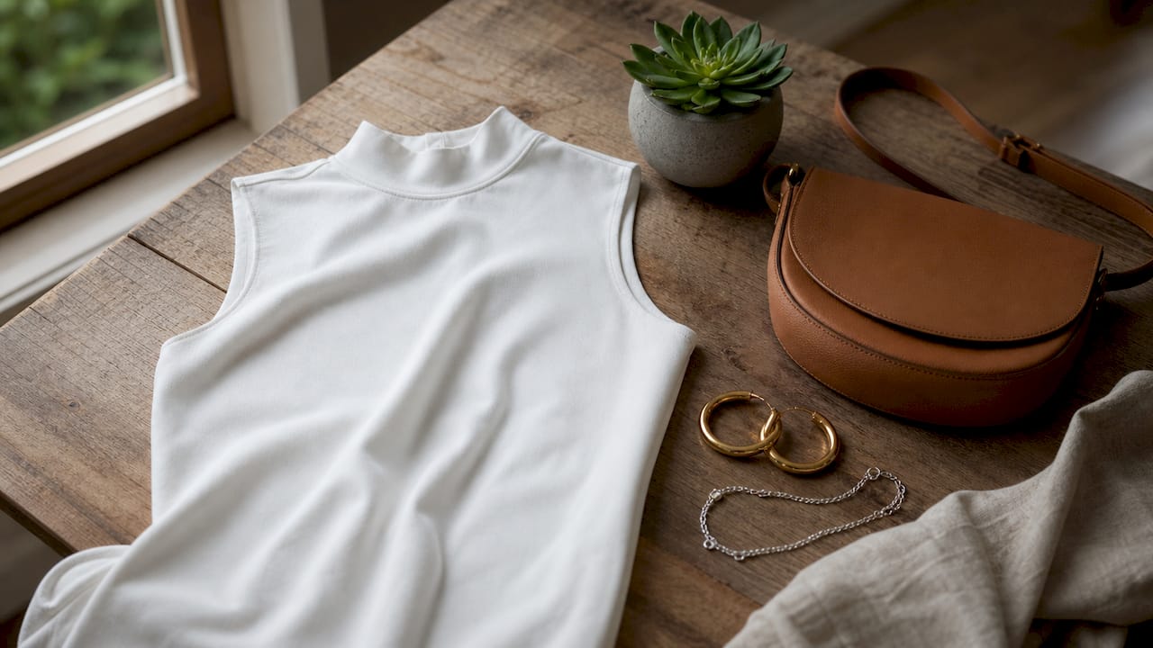 Accessories paired with sleeveless high neck top flat lay