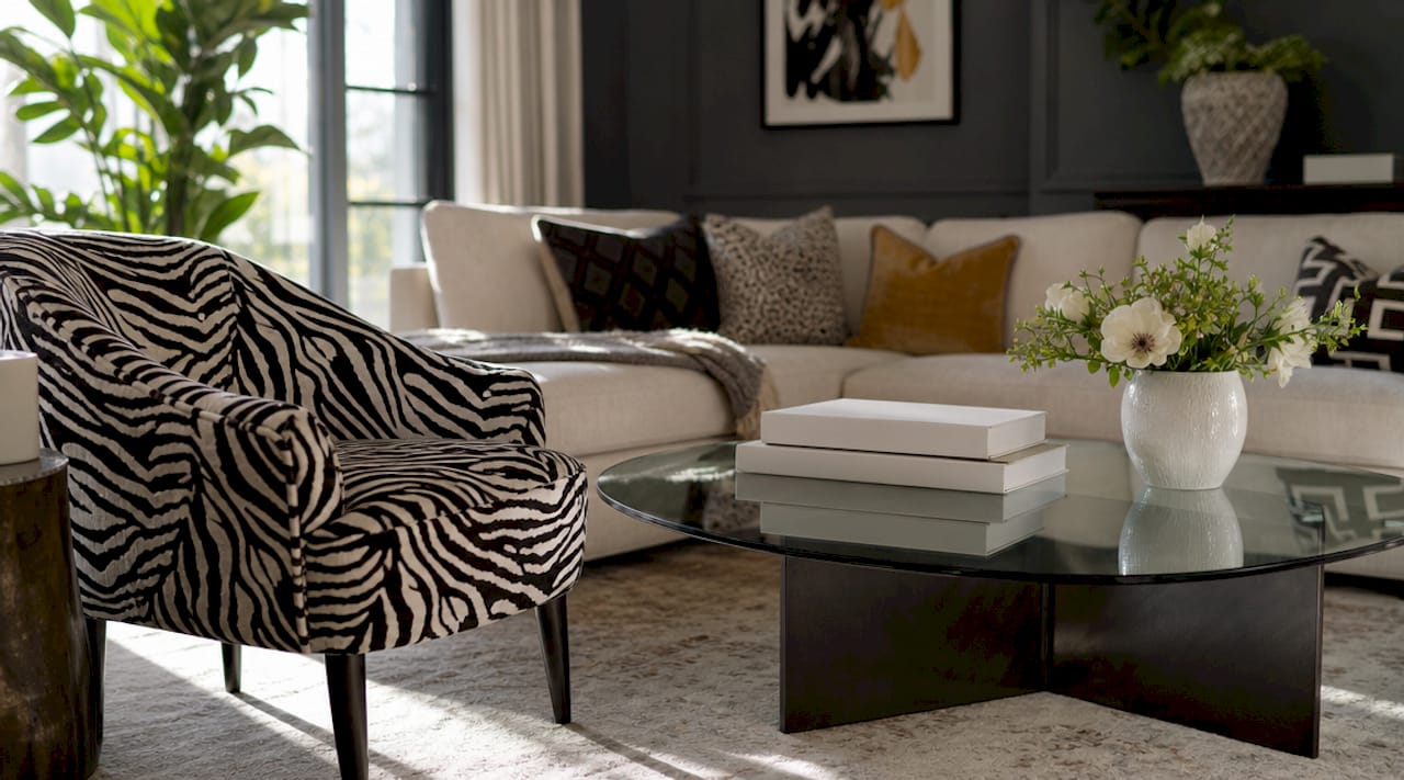 Living room with zebra print rug and cushions