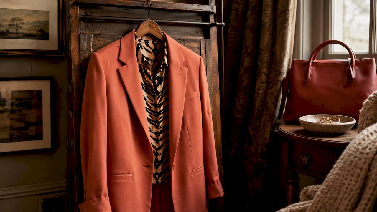 Tiger print blouse with coral blazer on hanger