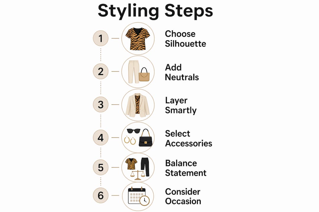 Infographic showing step-by-step tiger print top styling