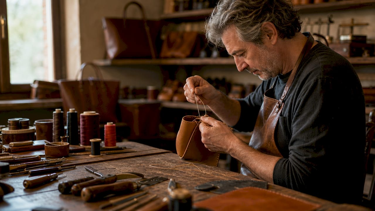 Artisan hands stitching Italian leather