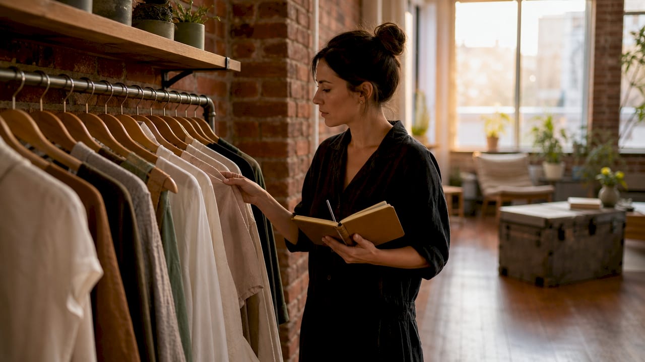 Woman auditing sustainable wardrobe in bedroom