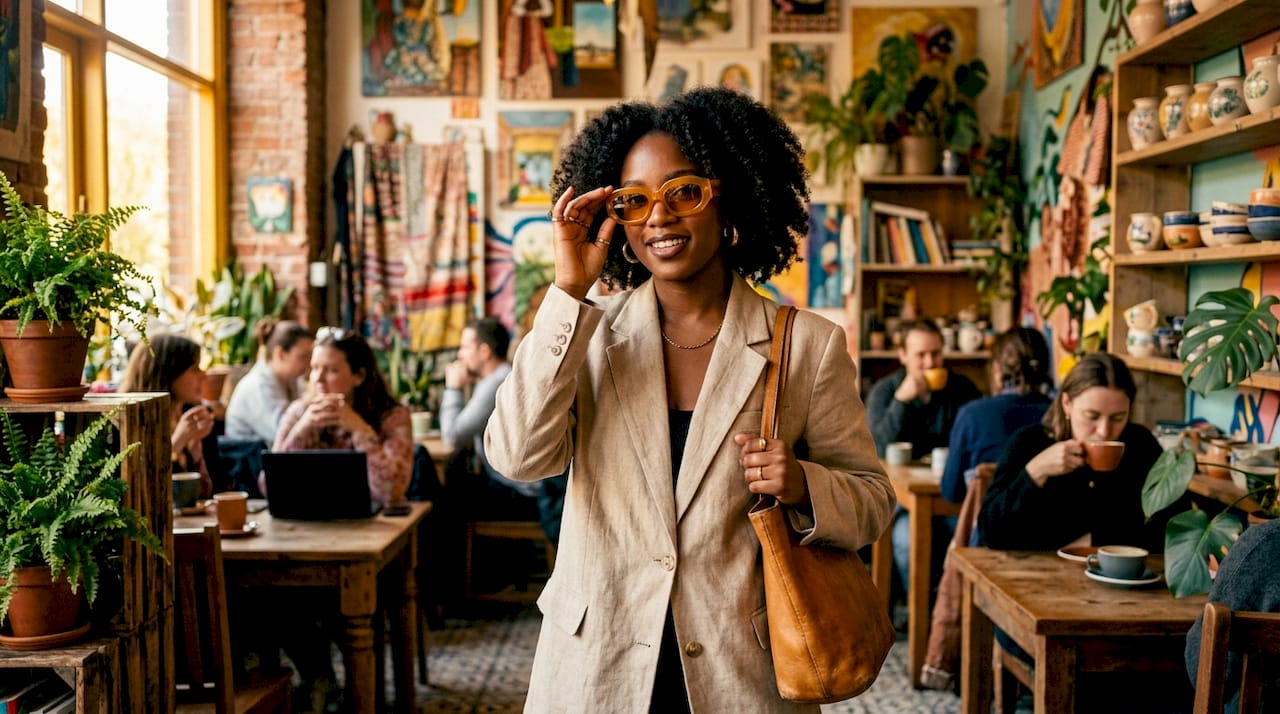 Woman wearing oversized architectural sunglasses outdoors
