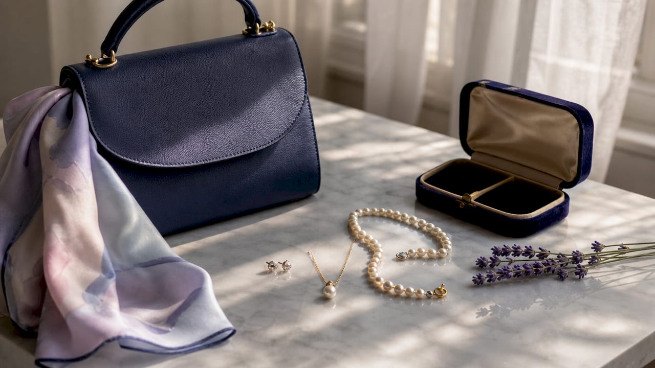 Flat lay of timeless women's accessories on wooden table