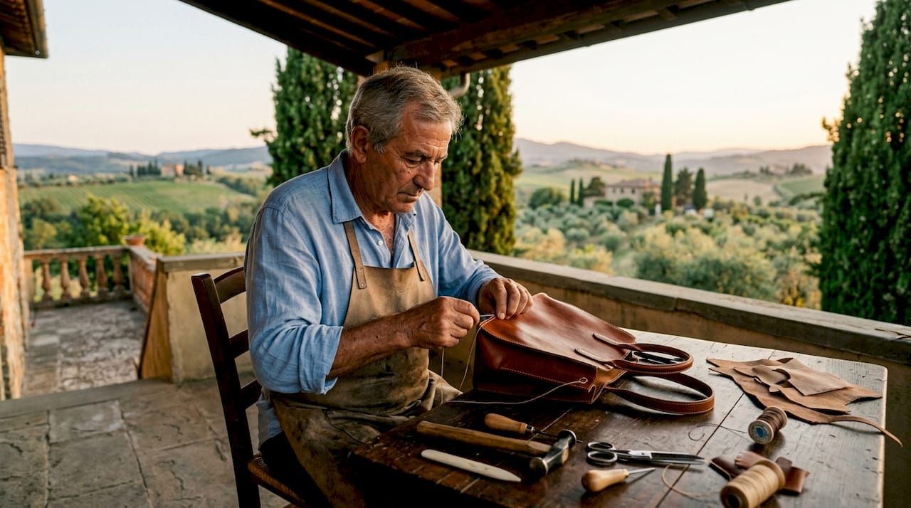Italian artisan crafting leather handbag