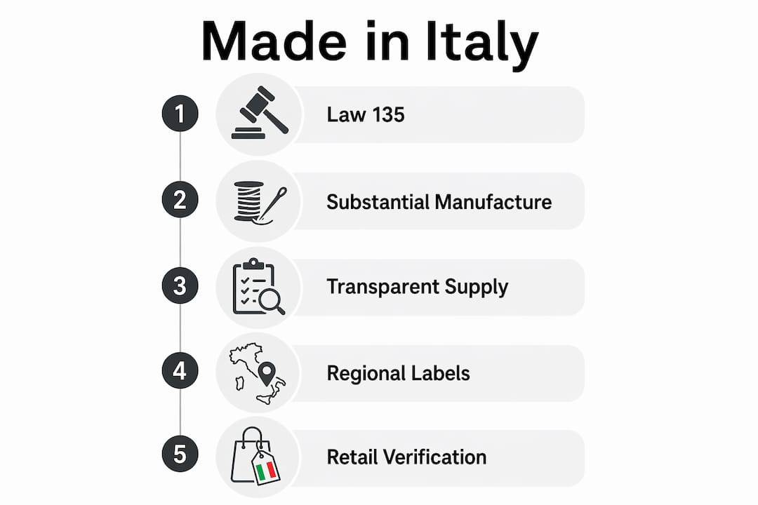 Infographic illustrating steps verifying Made in Italy products