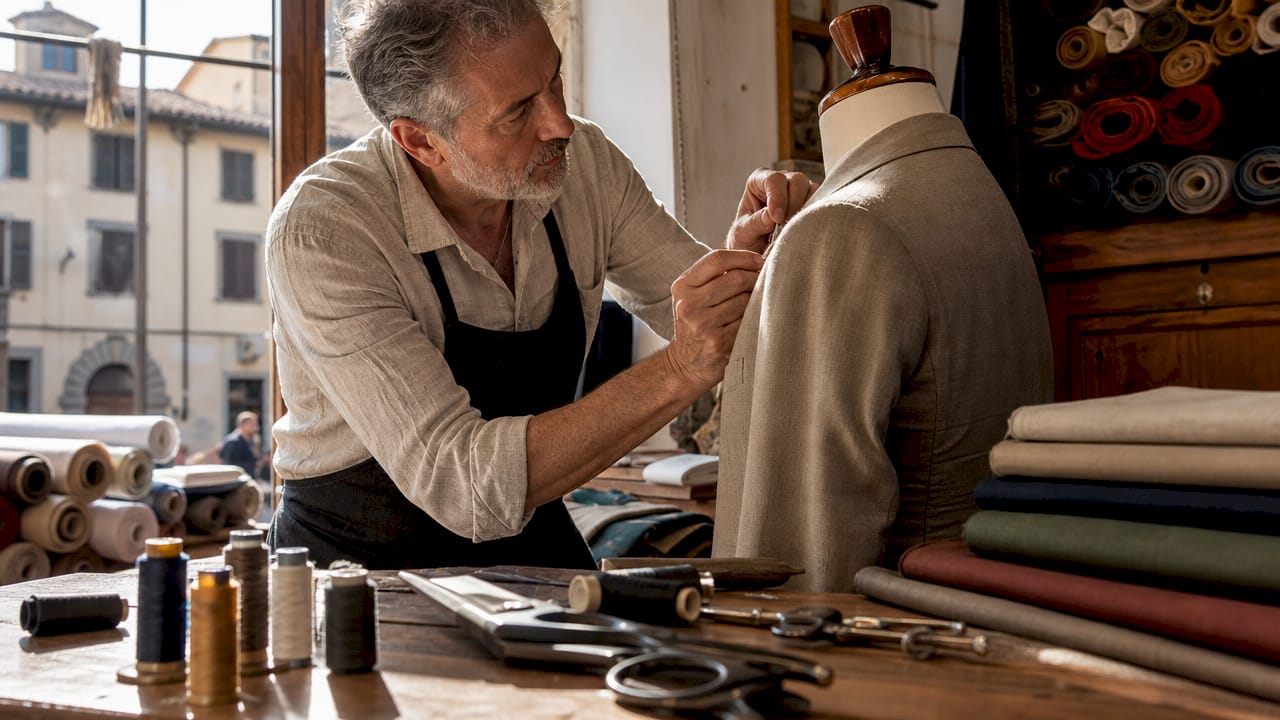 Italian tailor crafting bespoke suit jacket