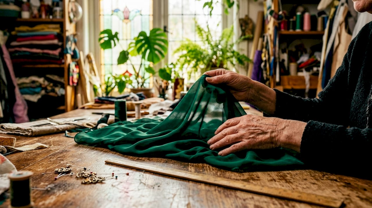 Tailor examining luxurious silk velvet fabric