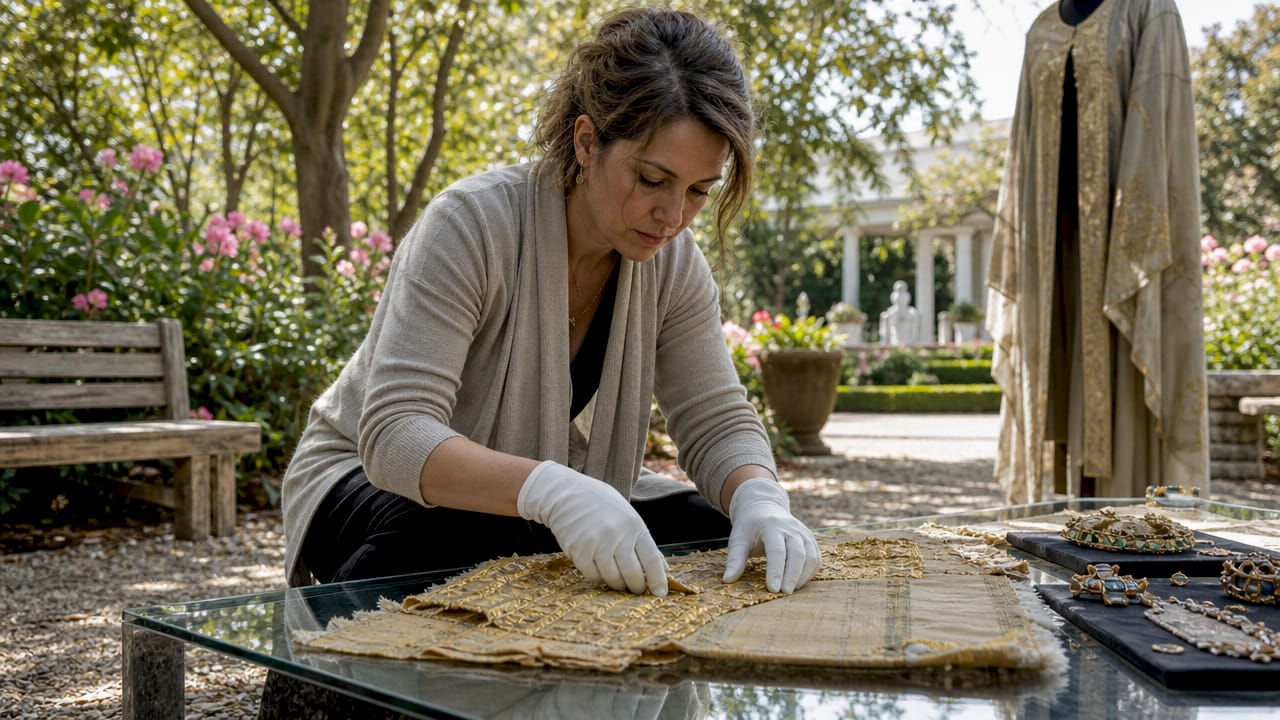 Curator arranging ancient luxury fashion artifacts