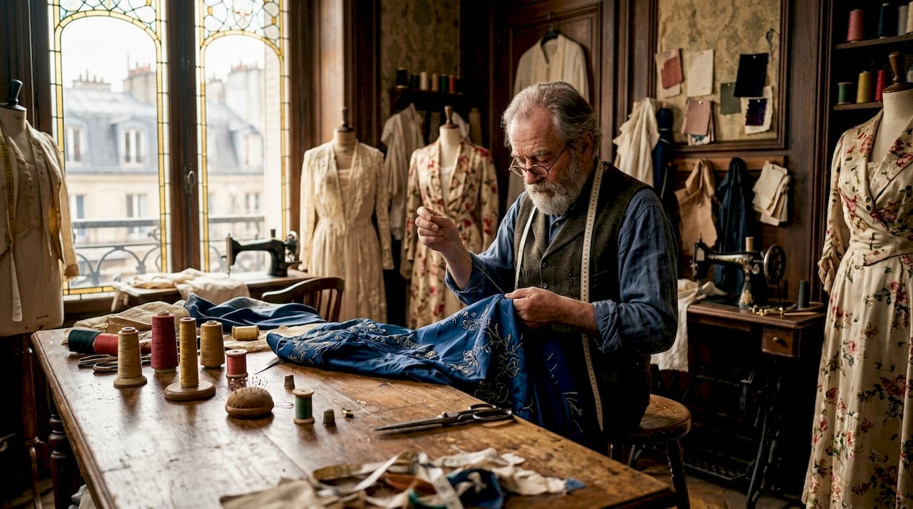 Tailor hand-sewing silk garment in Paris atelier
