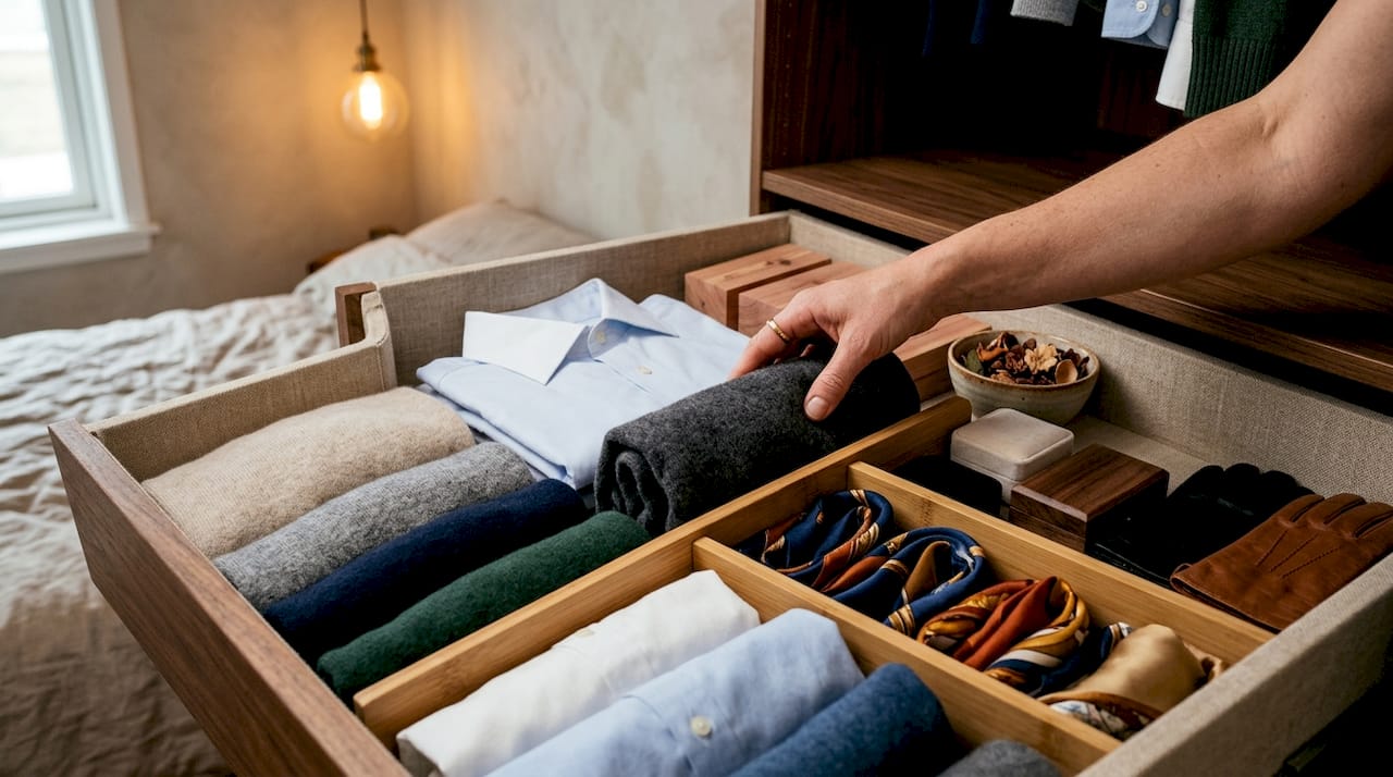 Overhead view of luxury wardrobe drawer storage