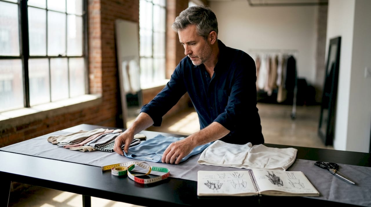 Stylist editing garments on table overhead