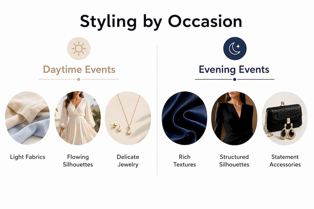 Infographic comparing luxury dress styling for daytime vs evening