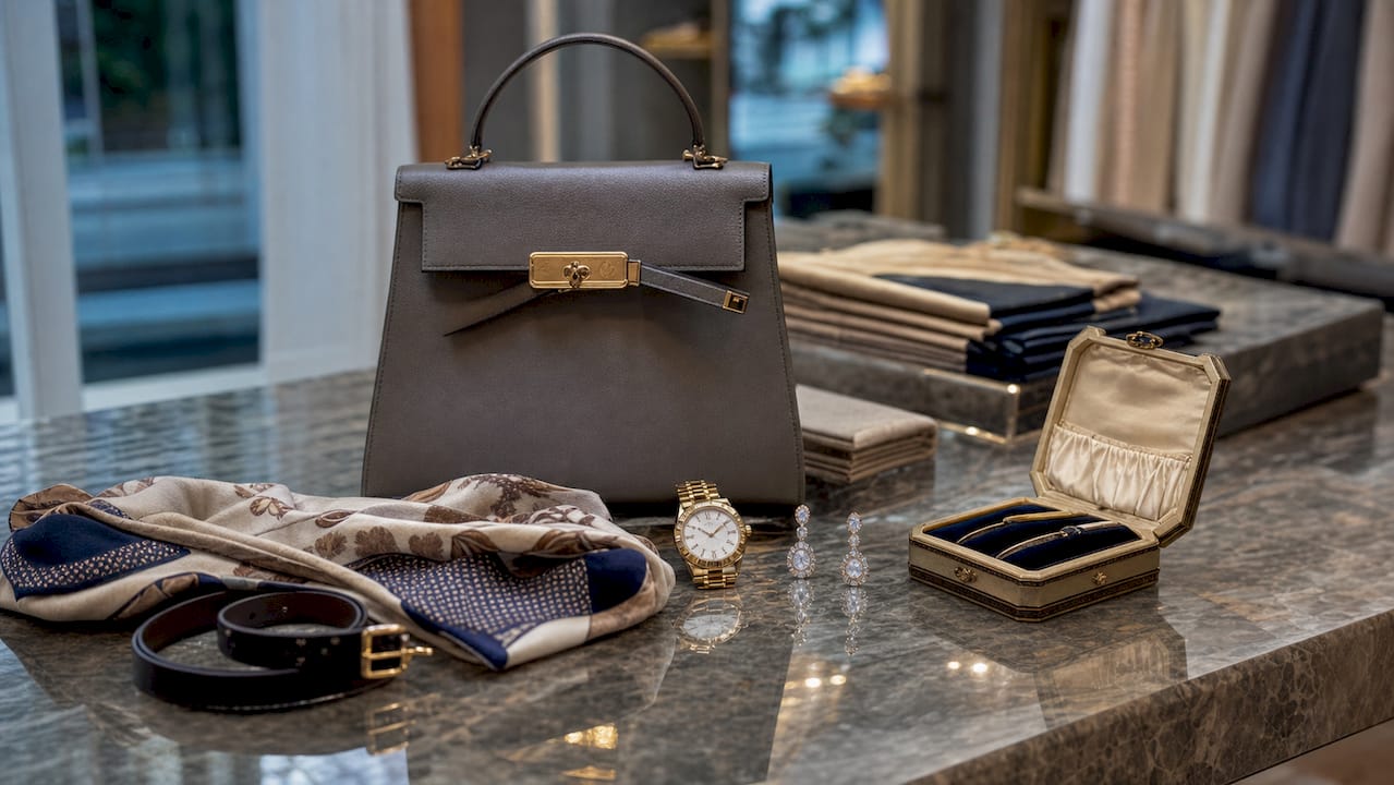Flat lay of luxury fashion accessories sorted by type