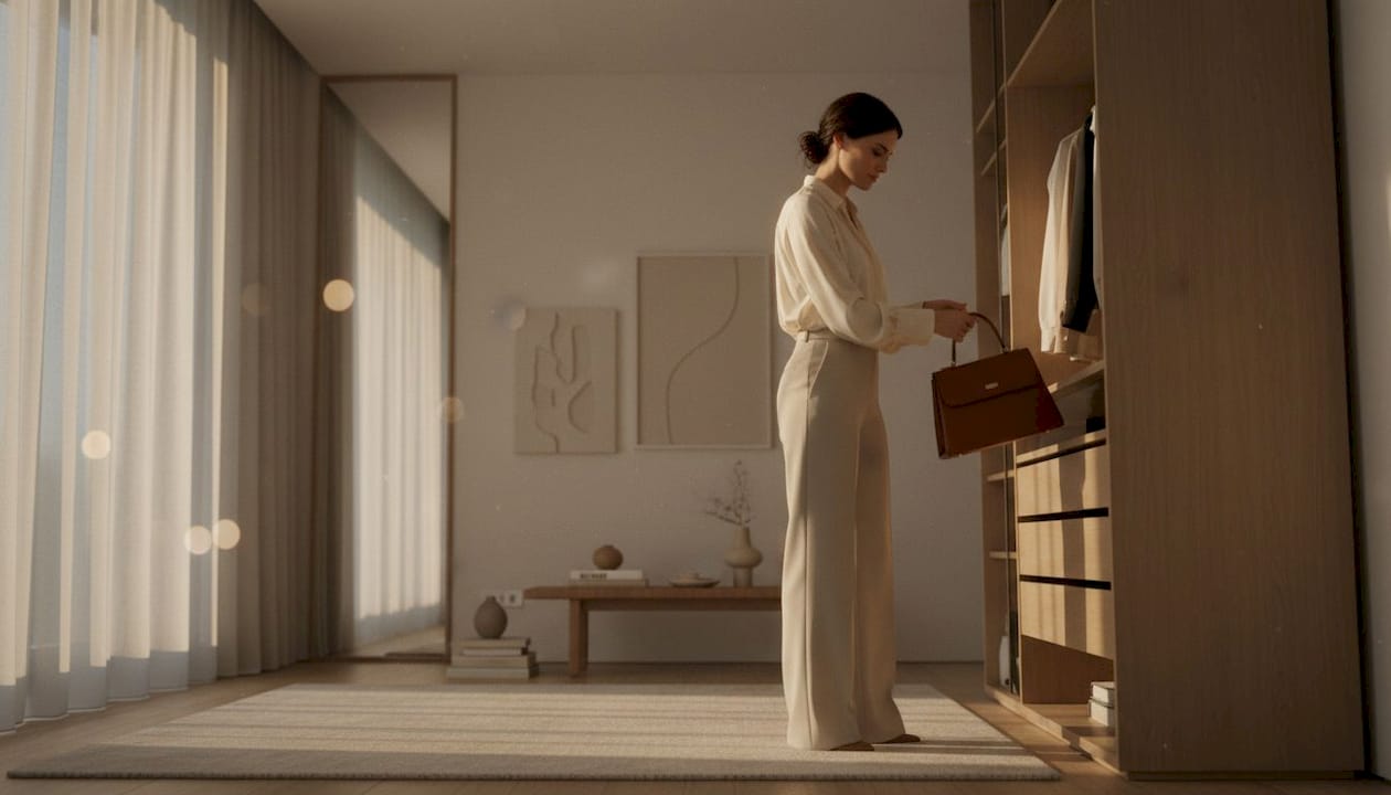 Woman selecting structured luxury handbag in closet