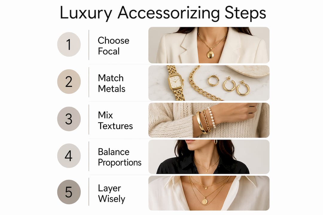 Infographic illustrating five key steps to accessorize luxury outfits