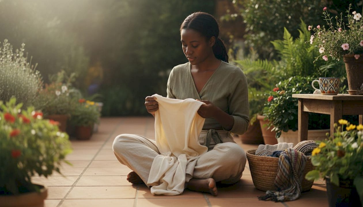 Woman inspecting organic cotton clothing indoors