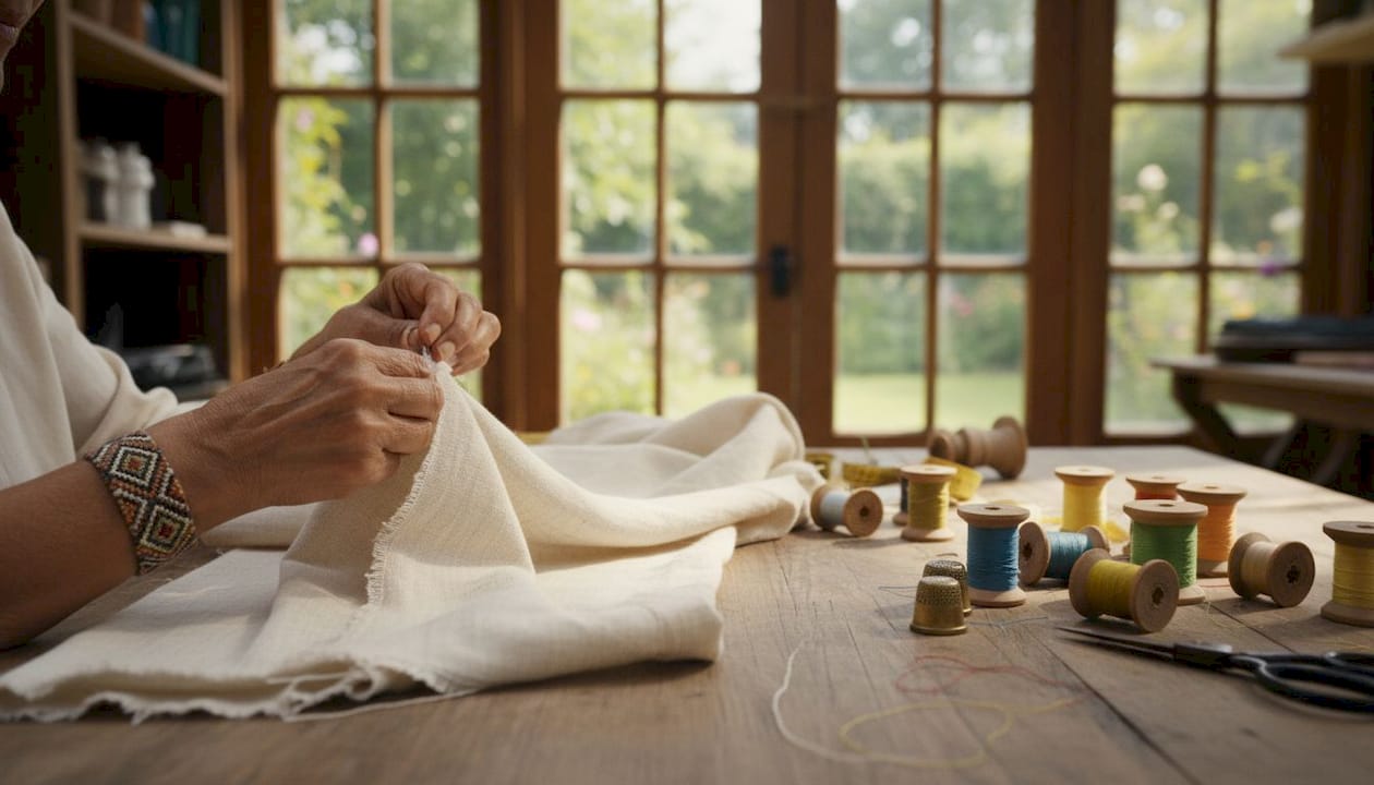 Hands sewing handcrafted ethical garment