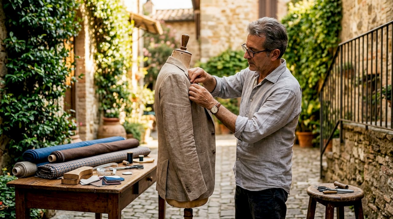 Italian tailor measuring jacket in workshop