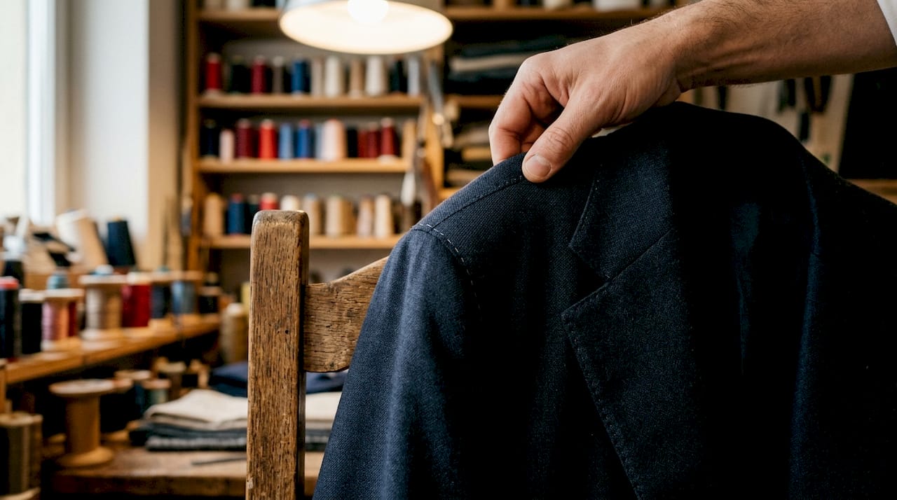 Close-up of soft shoulder Italian suit detail