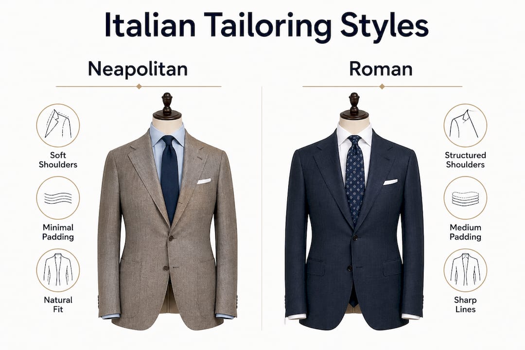 Comparison infographic of Neapolitan vs Roman tailoring