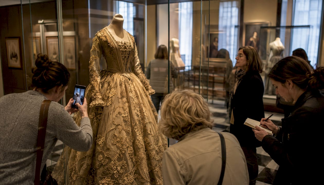 Museum gallery showcasing historic fashion exhibits