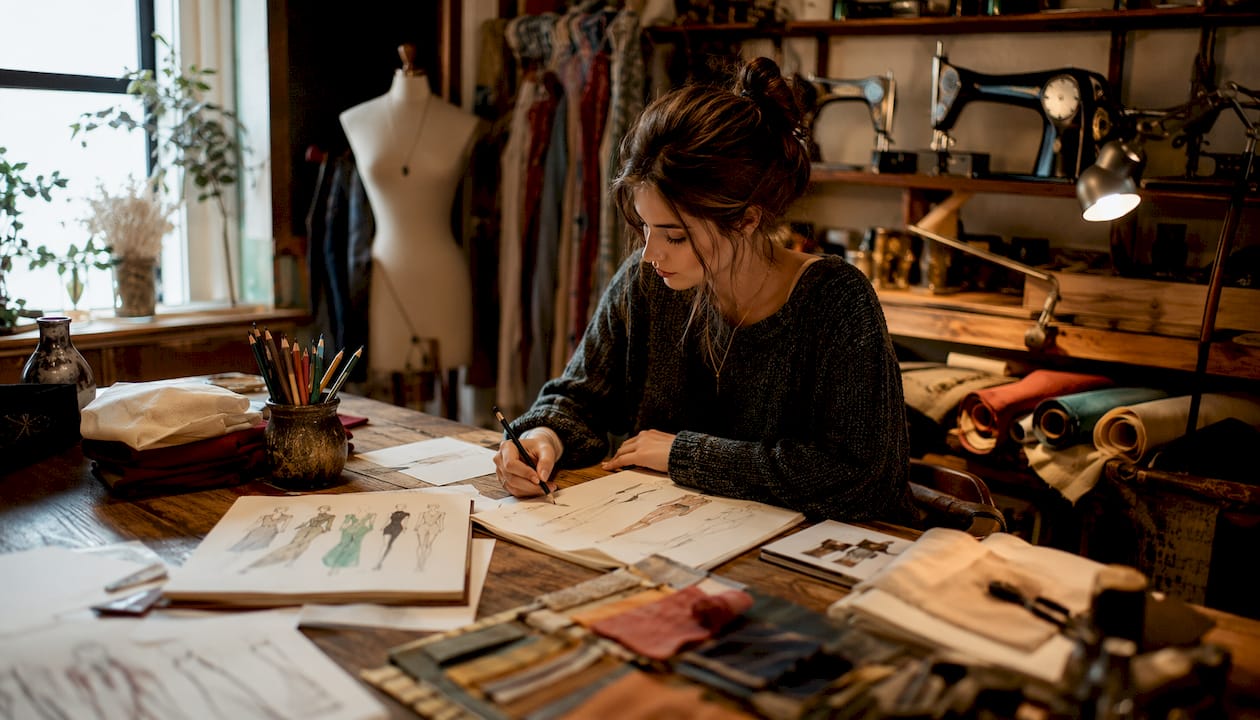 Fashion designer sketching traditional-inspired garments