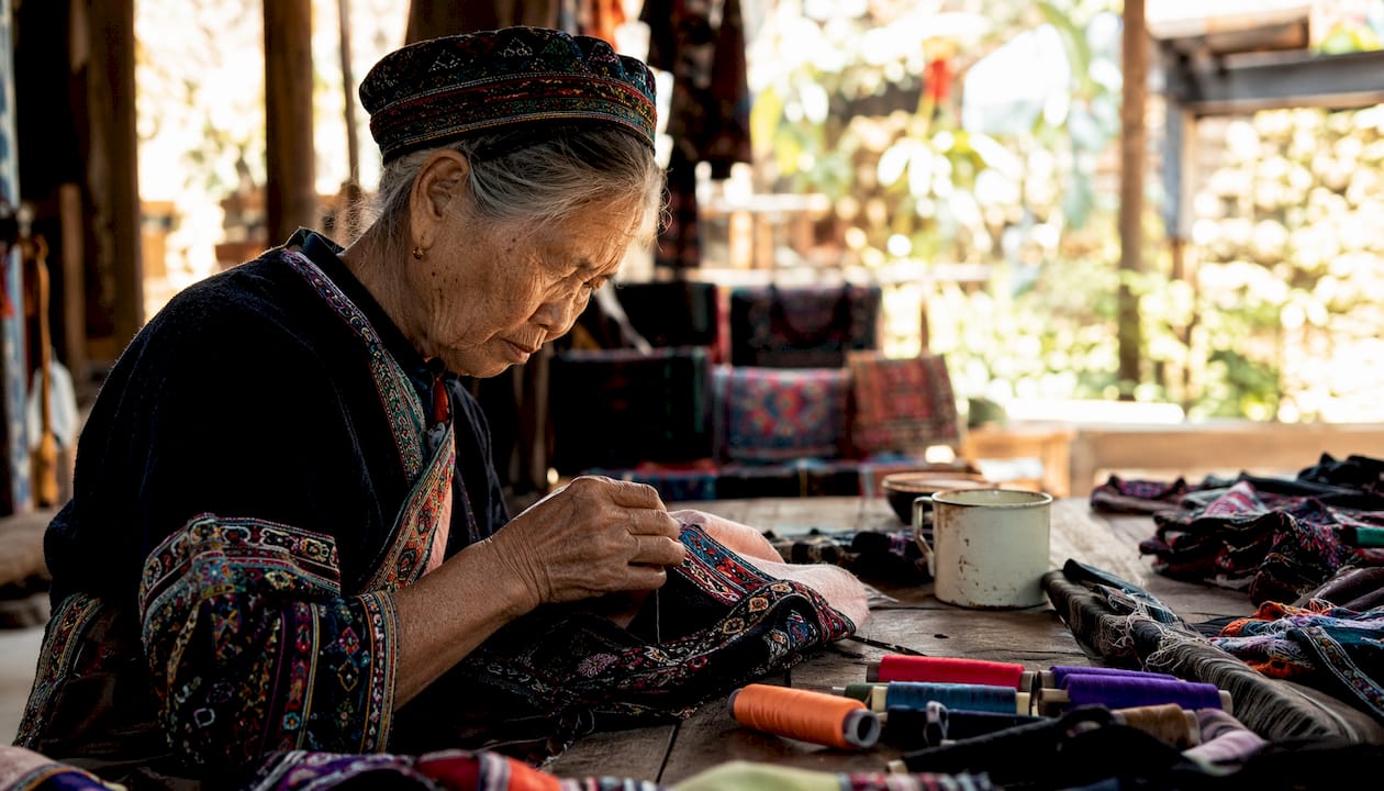 Artisan sewing traditional embroidered garment