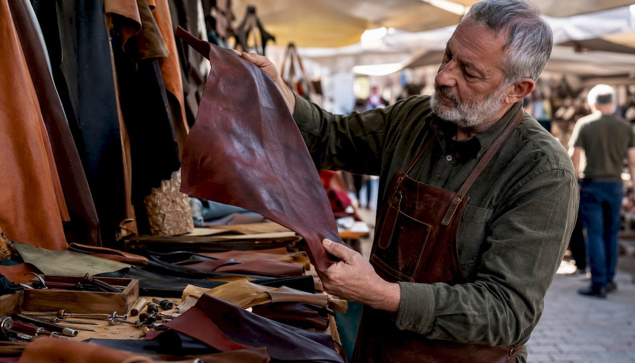 Craftsman selecting premium Italian leather