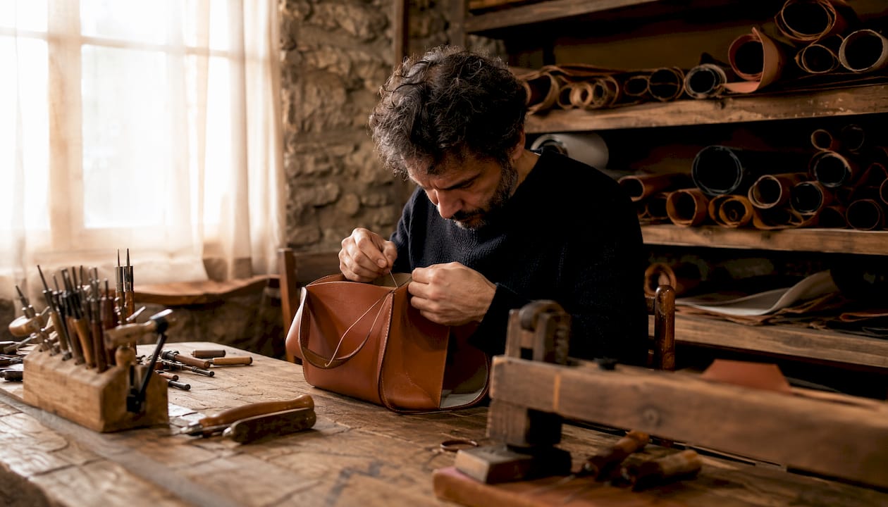 Close-up artisan hand-stitching Italian leather bag