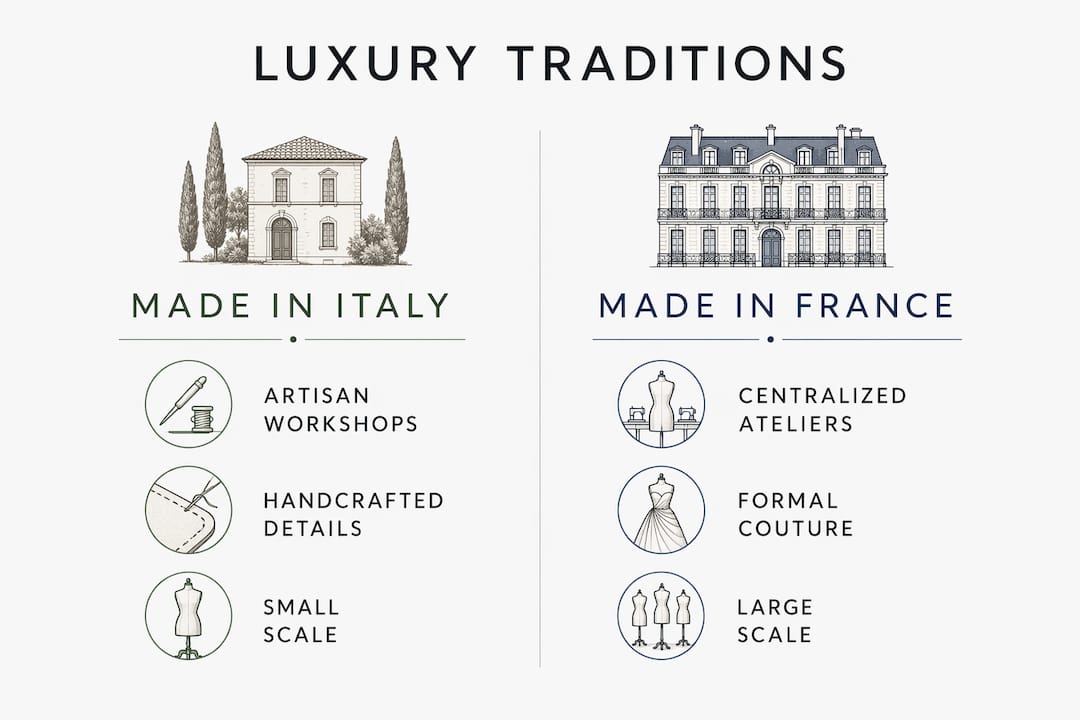 Infographic comparing Italian and French luxury fashion