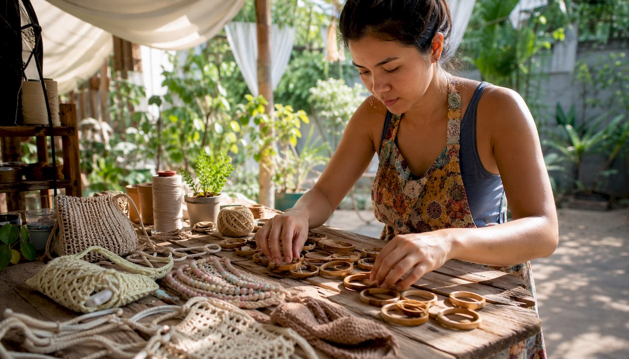 Artisan arranging handcrafted accessories