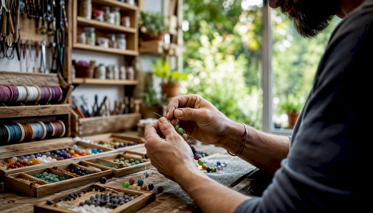 Hands stringing gemstone beads