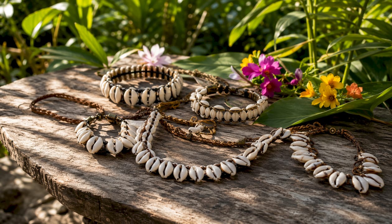Close-up of handcrafted shell accessories on linen