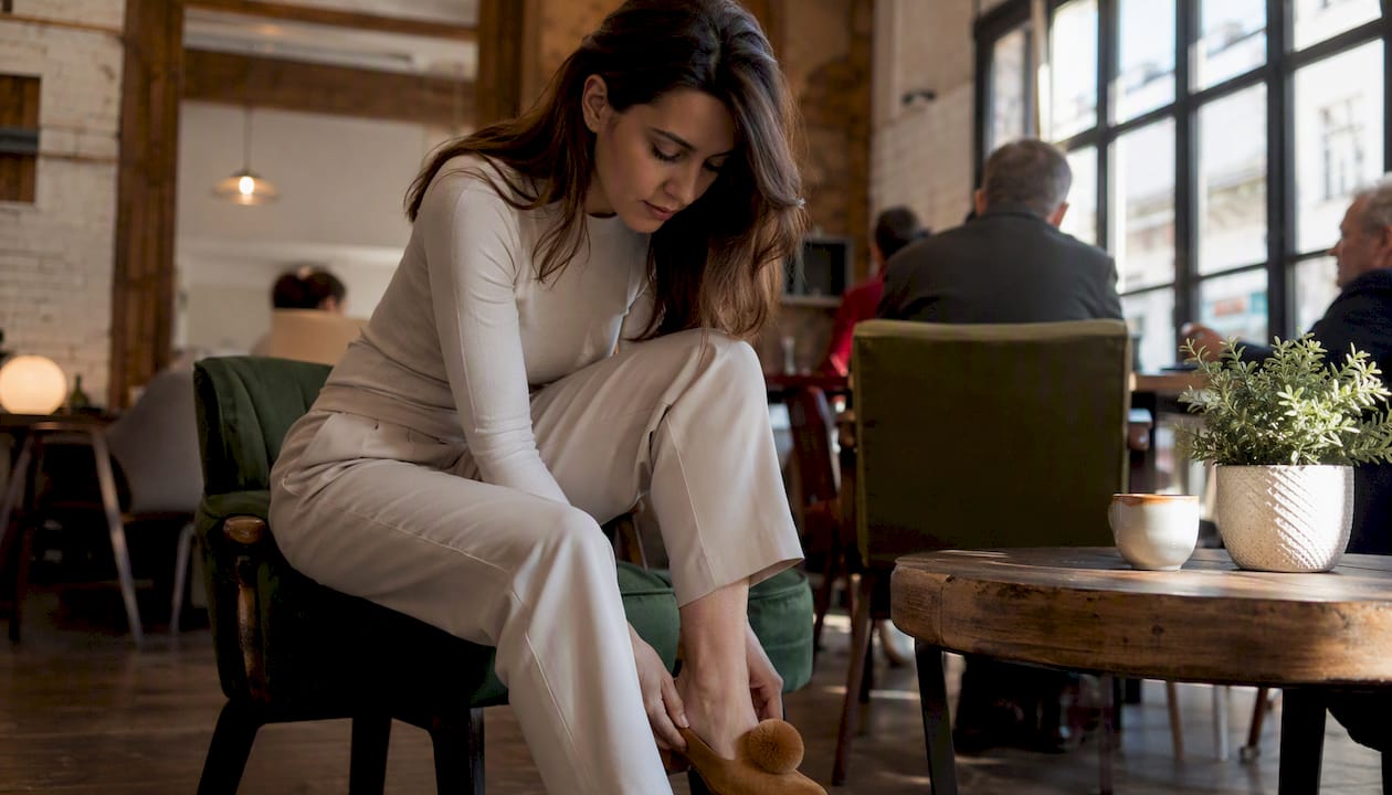 Woman styling pom pom shoes in elegant outfit seated