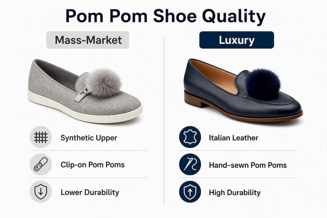 Infographic comparing mass-market and luxury pom pom shoes
