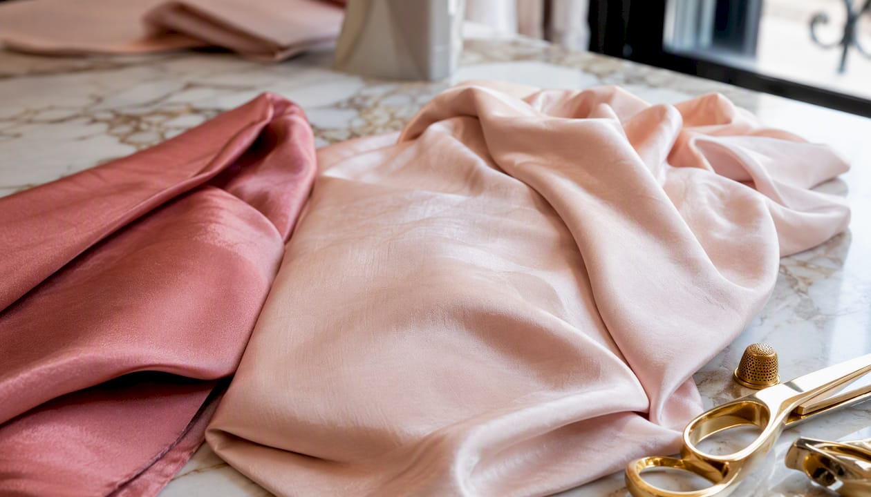 Close-up of pink luxury fabrics and brass tools