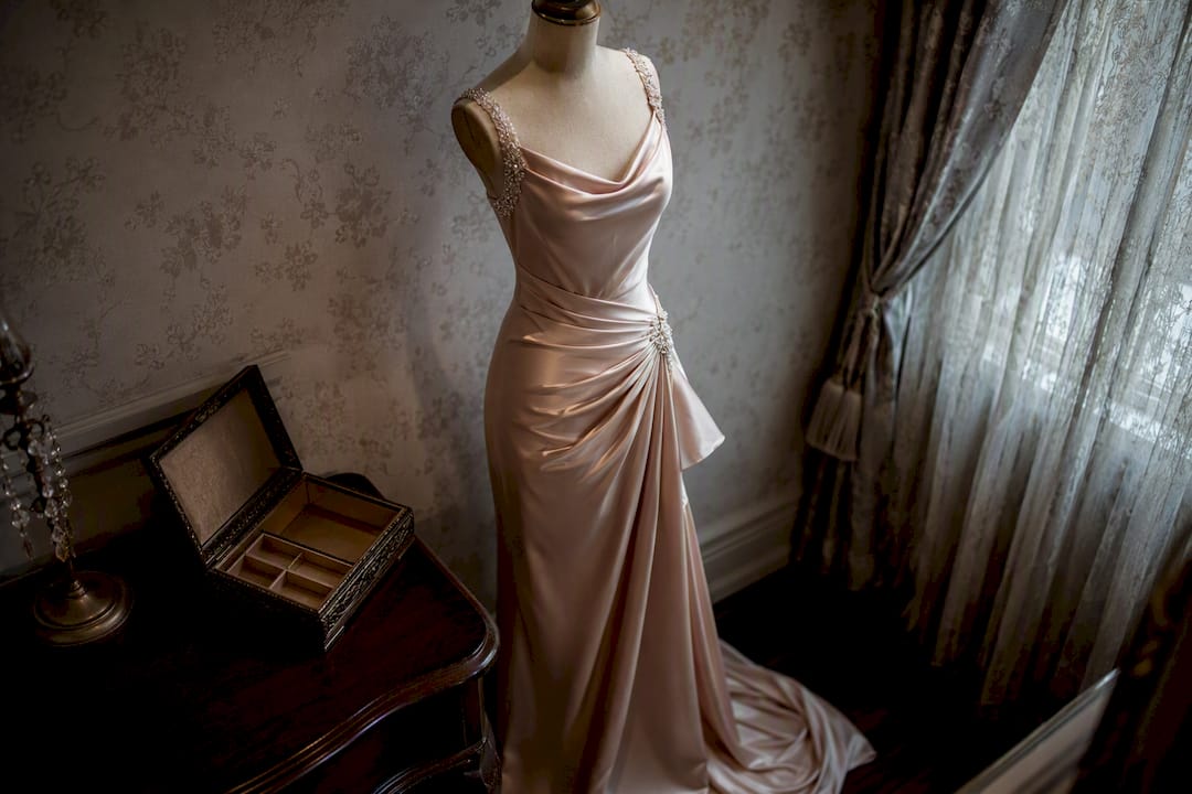 Silk charmeuse evening dress detail on mannequin