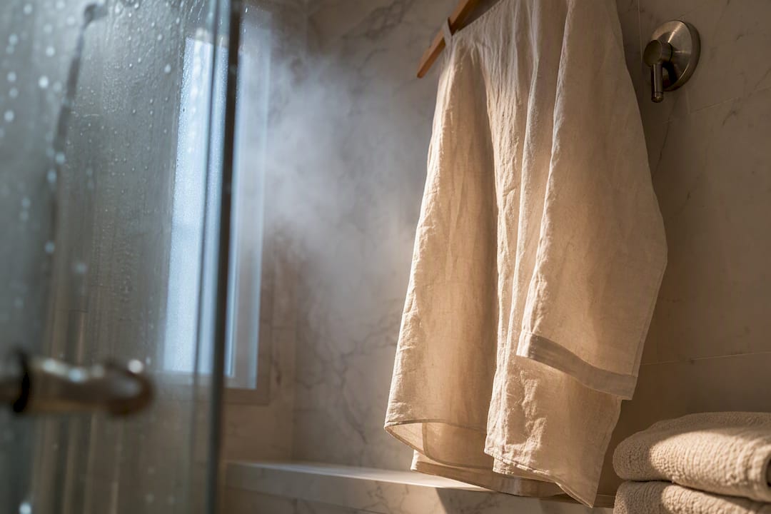 Linen sleeve relaxing in bathroom steam