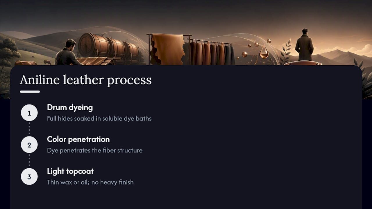 Three stages of aniline leather production