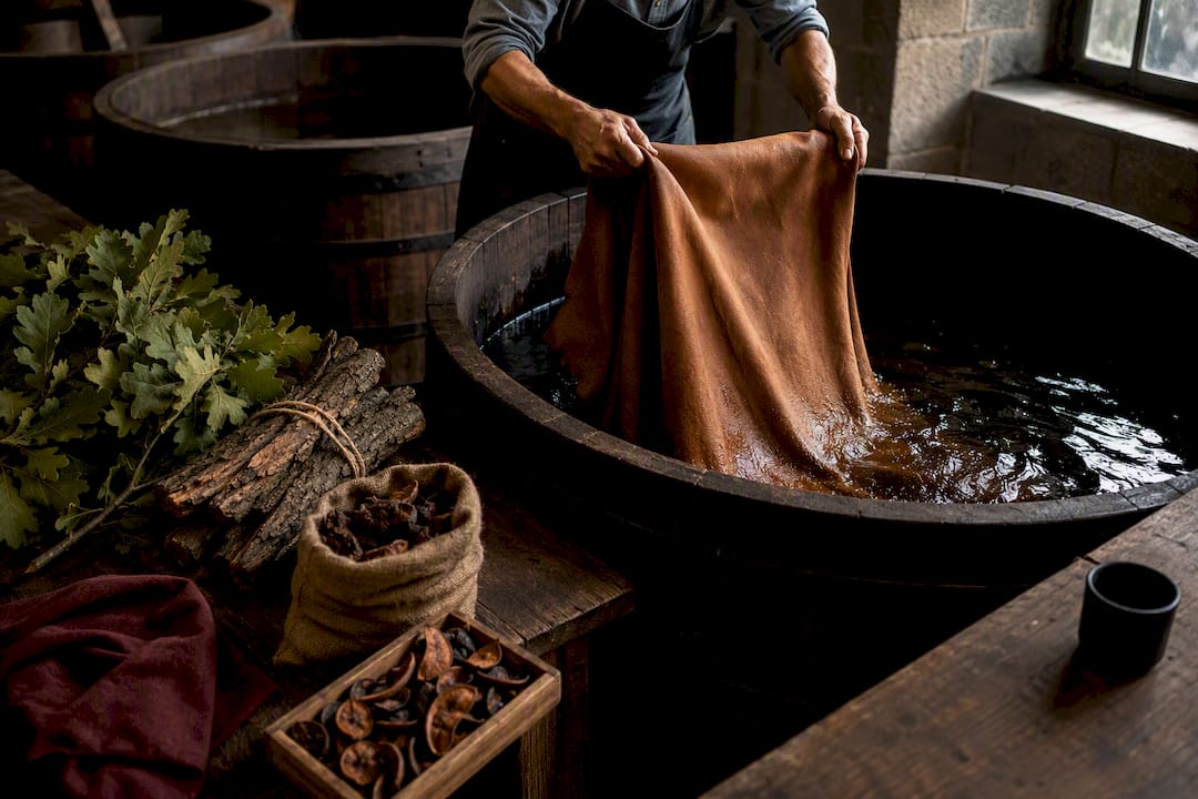 Leather hide entering a vegetable tanning vat