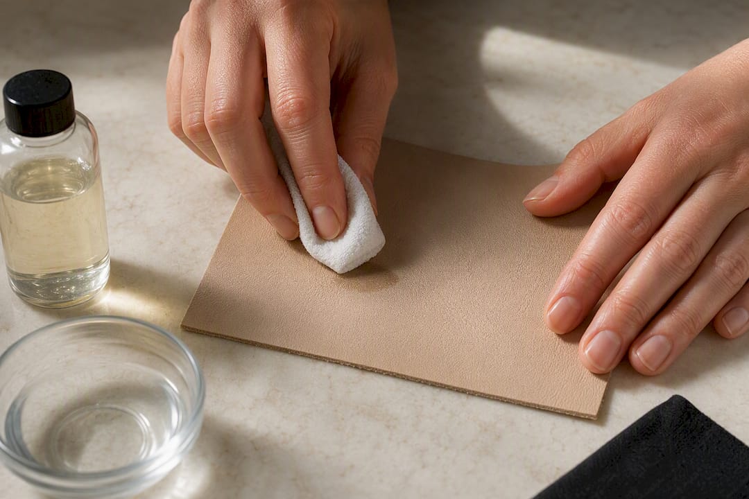 Hands blotting a stain from Nappa leather