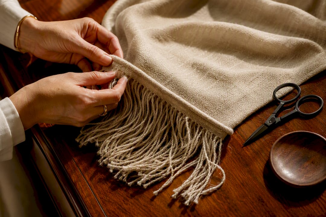 Hands examining scarf hem and fringe
