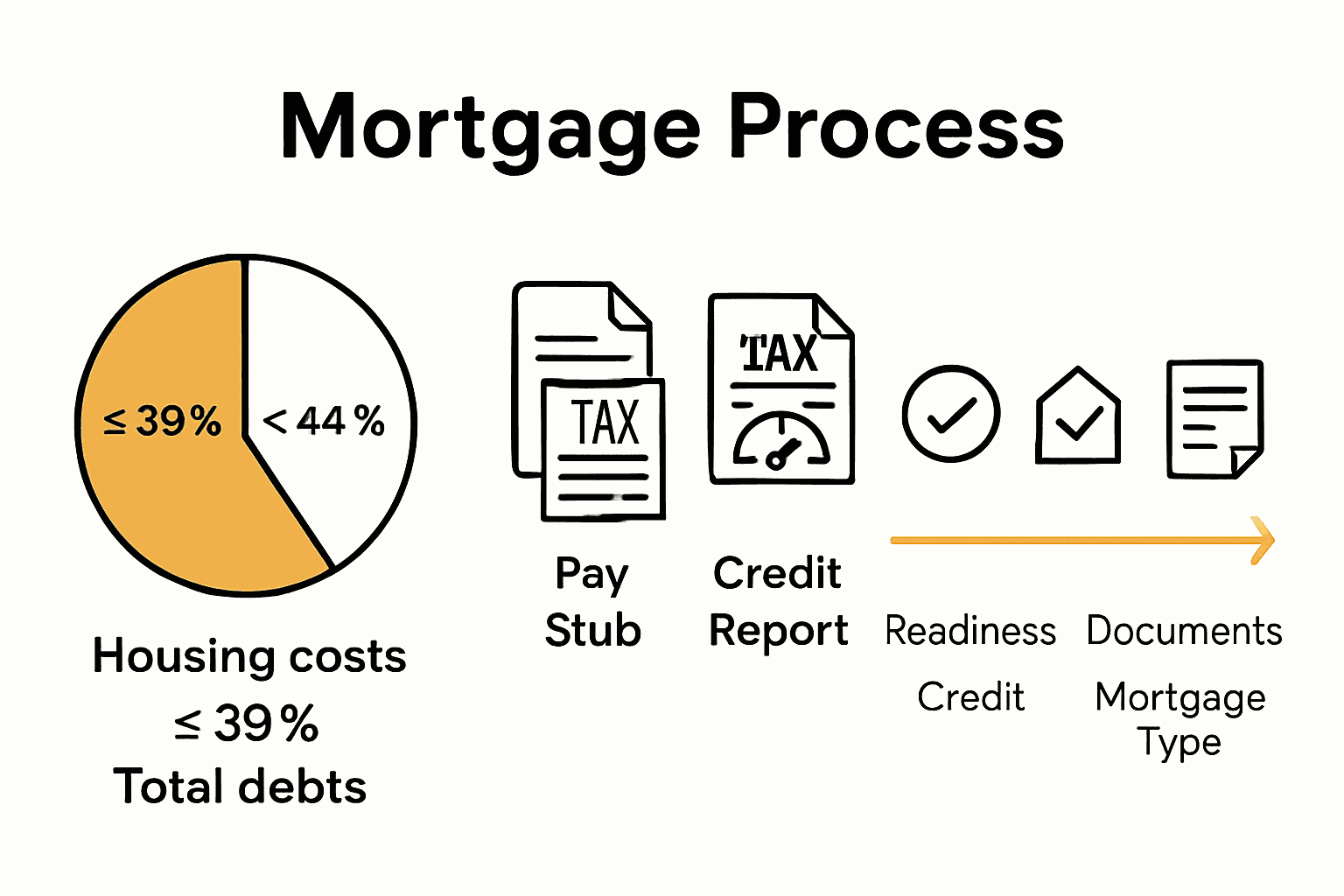 Infographic showing mortgage qualification steps and key document ratios.