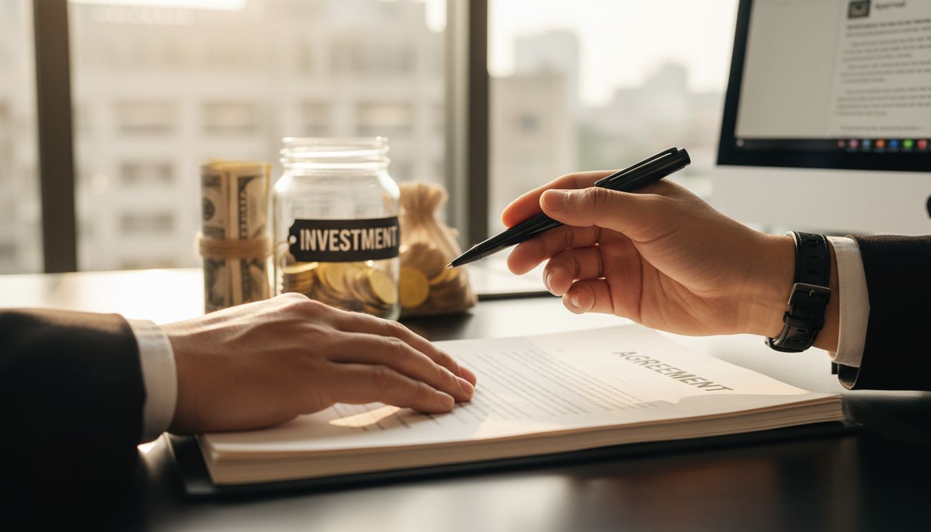 Hands exchanging pen over agreement documents