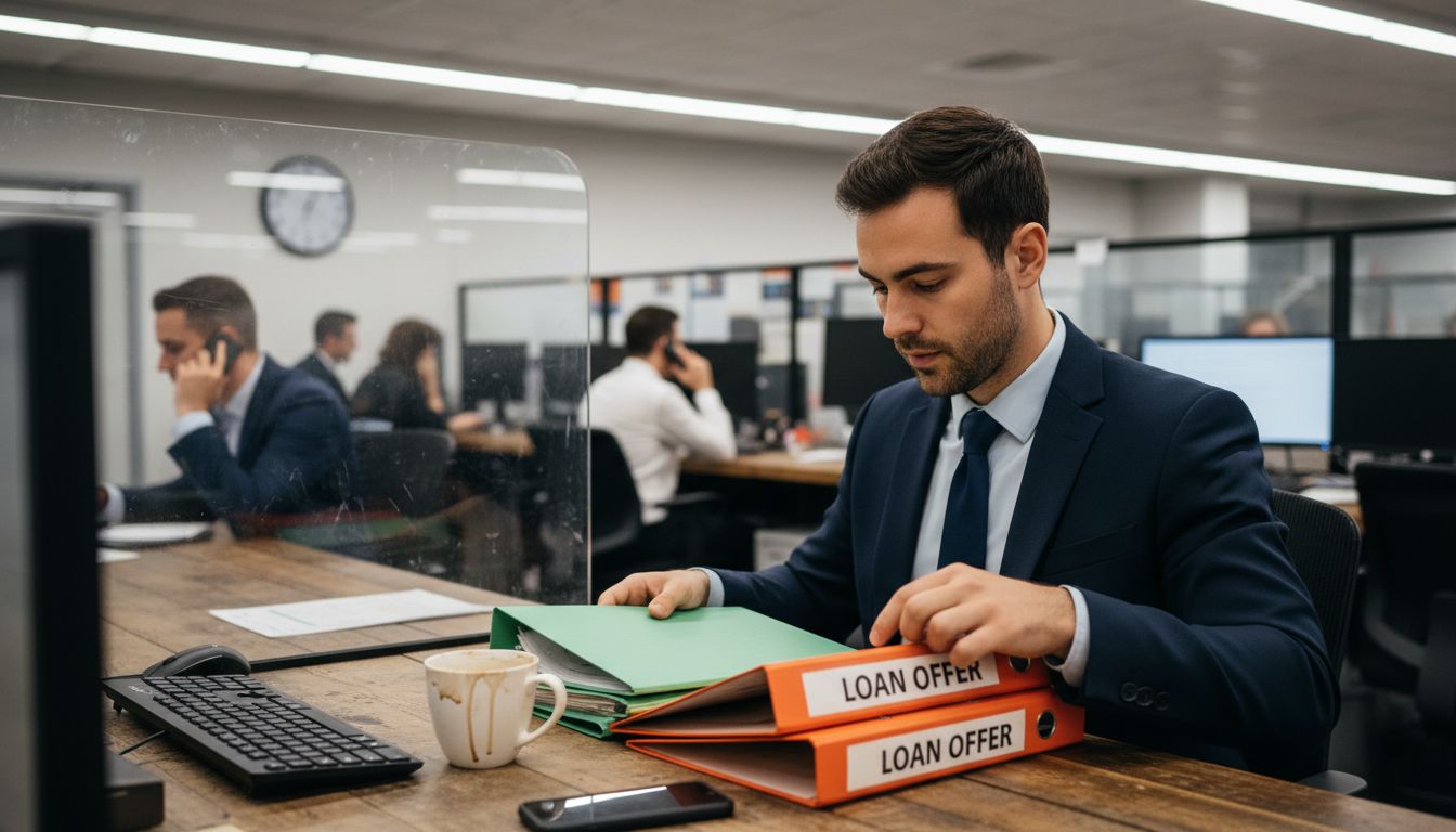 Specialist mortgage broker at busy agency desk