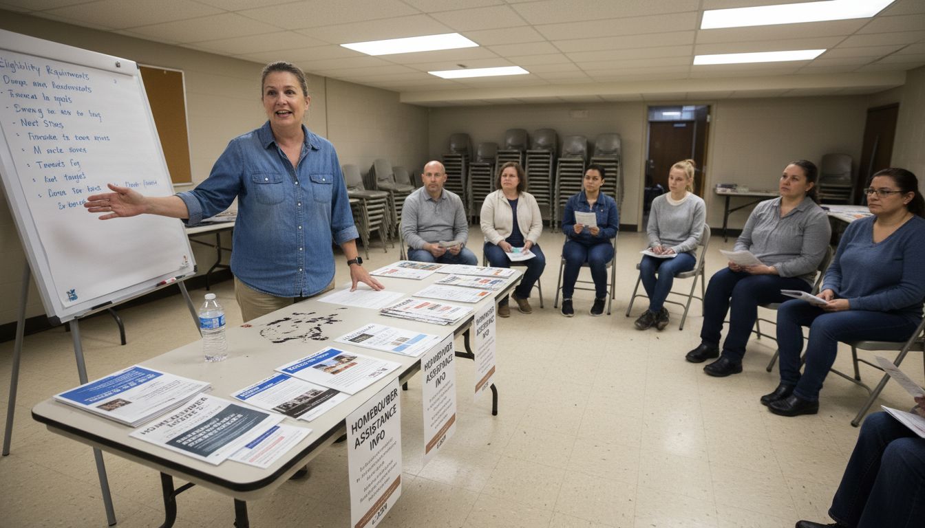 Volunteer explains homebuyer help at workshop