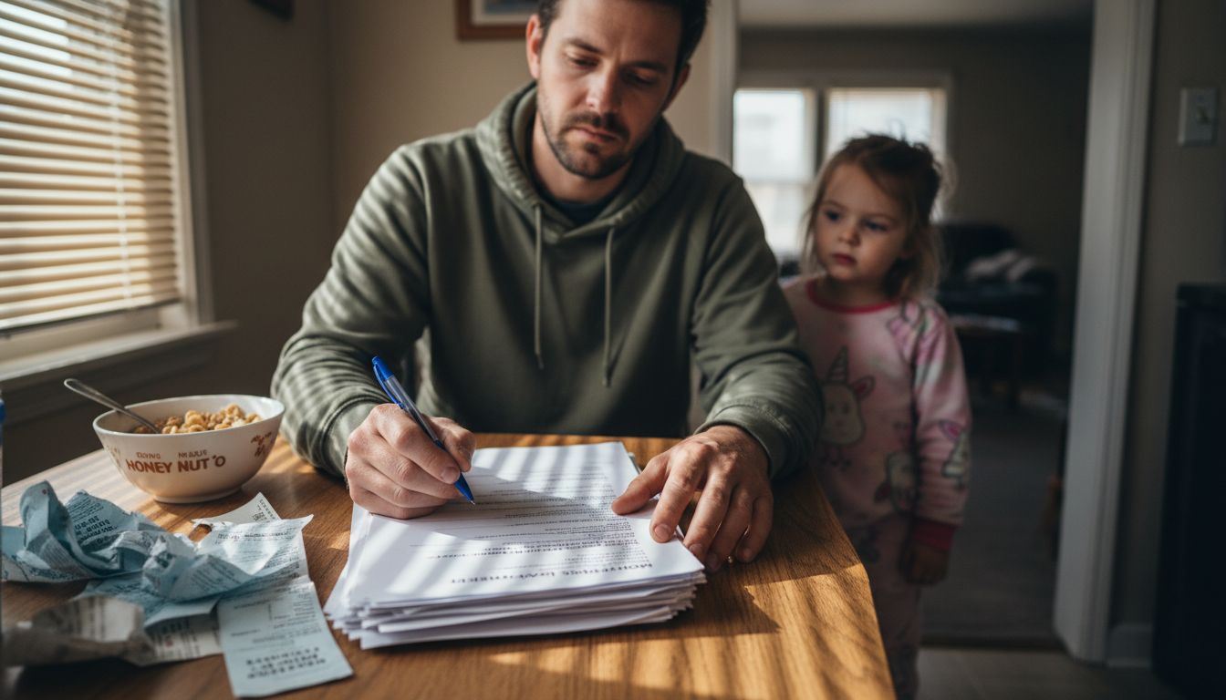 Parent reviewing mortgage documents at kitchen